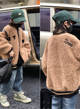 大E小e童装儿童羊羔毛麂皮绒内里棒球服外套24冬新男女童潮22809