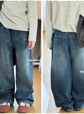 ANIKA童装儿童蝴蝶结刺绣一体绒加厚牛仔裤25冬季新女童长款3704