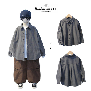 啦芙莱童装儿童韩版黑白格子衬衫外套25秋季新品男童翻领衬衣6718