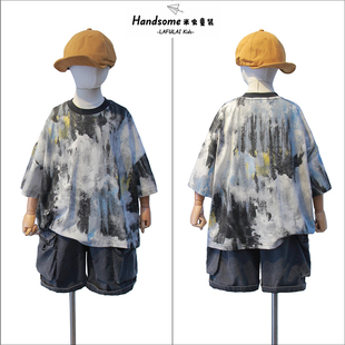 啦芙莱童装 新中童男女童凉感圆领上衣9089 儿童油画扎染T恤25夏季