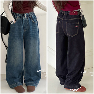 爱木橦童装儿童樱桃刺绣抓绒加厚阔腿牛仔裤25冬女童休闲长裤7867