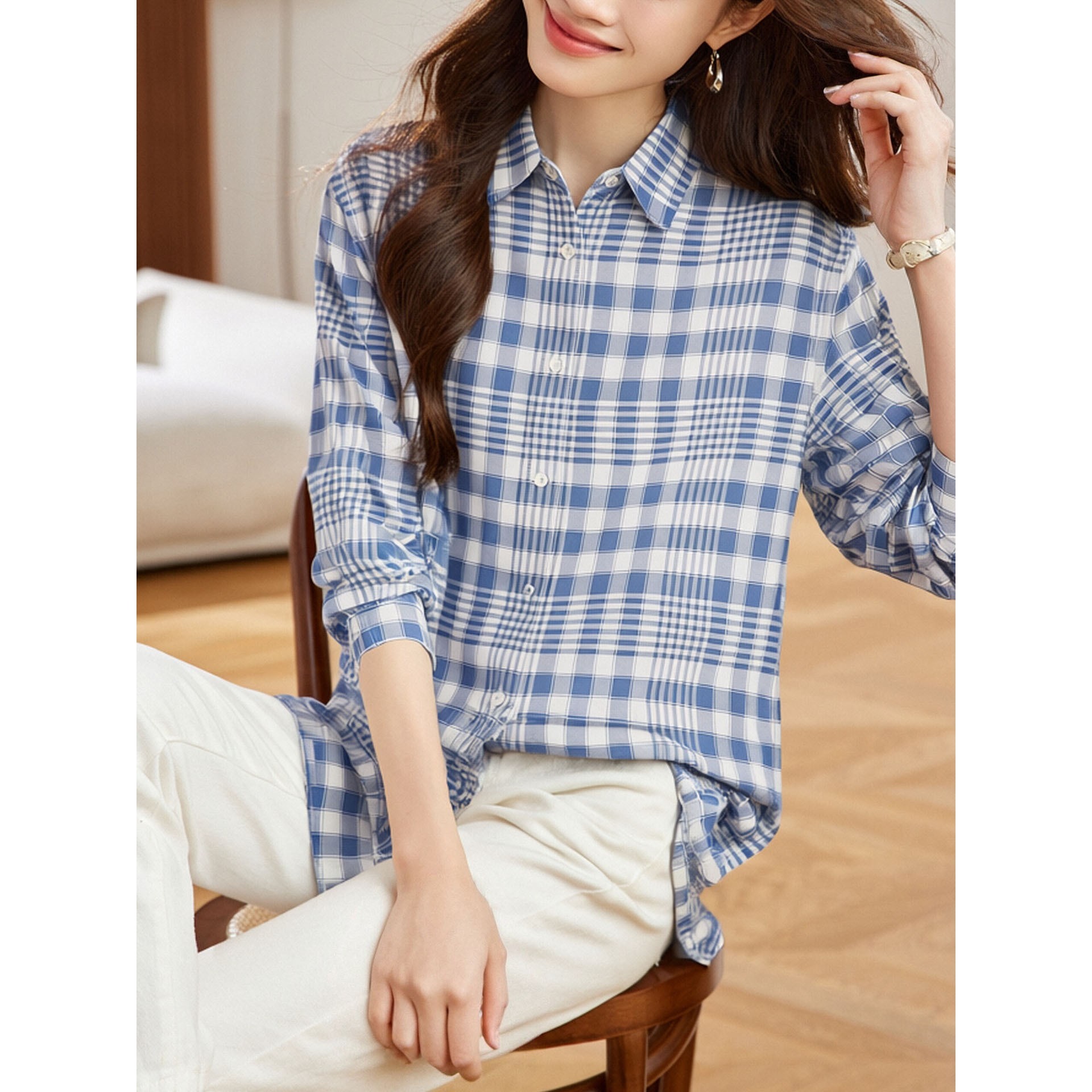 香港潮牌棉茧 蓝色格子衬衫女长袖2025秋冬装新款中长款上衣纯棉,女装/女士精品,时尚防晒服,淘宝优惠券,粉丝福利购,淘宝优惠卷
