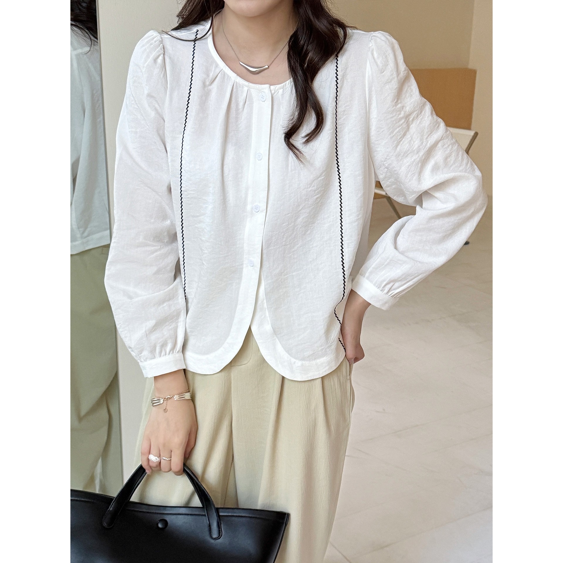 香港潮牌棉茧 圆领减龄气质长袖衬衫女装2025秋装新款时尚韩版纯,女装/女士精品,真丝上装,淘宝优惠券,粉丝福利购,淘宝优惠卷