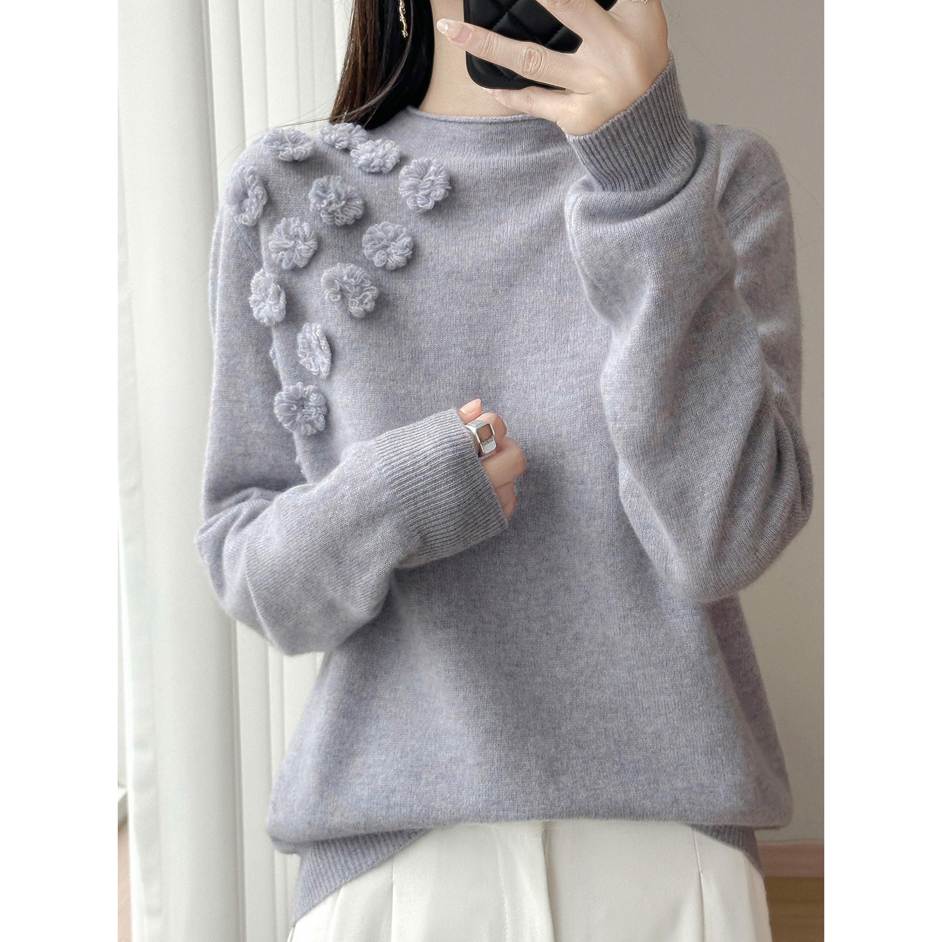 香港潮牌2025秋冬新款手工勾花纯羊毛针织衫女半高领宽松休闲针织,女装/女士精品,羊绒衫,淘宝优惠券,粉丝福利购,淘宝优惠卷