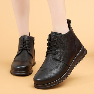 康奈官方正品保暖女加绒休闲棉靴商务休闲妈妈短靴头层牛皮中年女