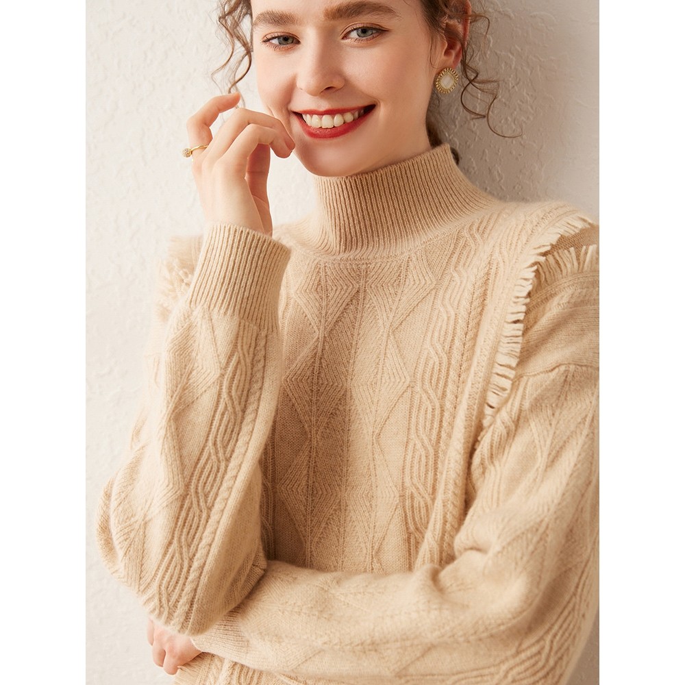 香港潮牌2025秋冬款双股加厚流苏半高领山羊绒衫女时尚休闲扭花毛,女装/女士精品,羊绒衫,淘宝优惠券,粉丝福利购,淘宝优惠卷