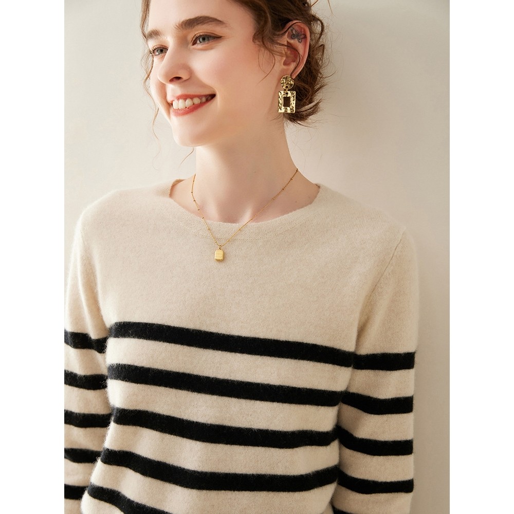 香港潮牌25秋冬新款山羊绒衫女圆领条纹宽松百搭拼色针织打底短款,女装/女士精品,羊绒衫,淘宝优惠券,粉丝福利购,淘宝优惠卷