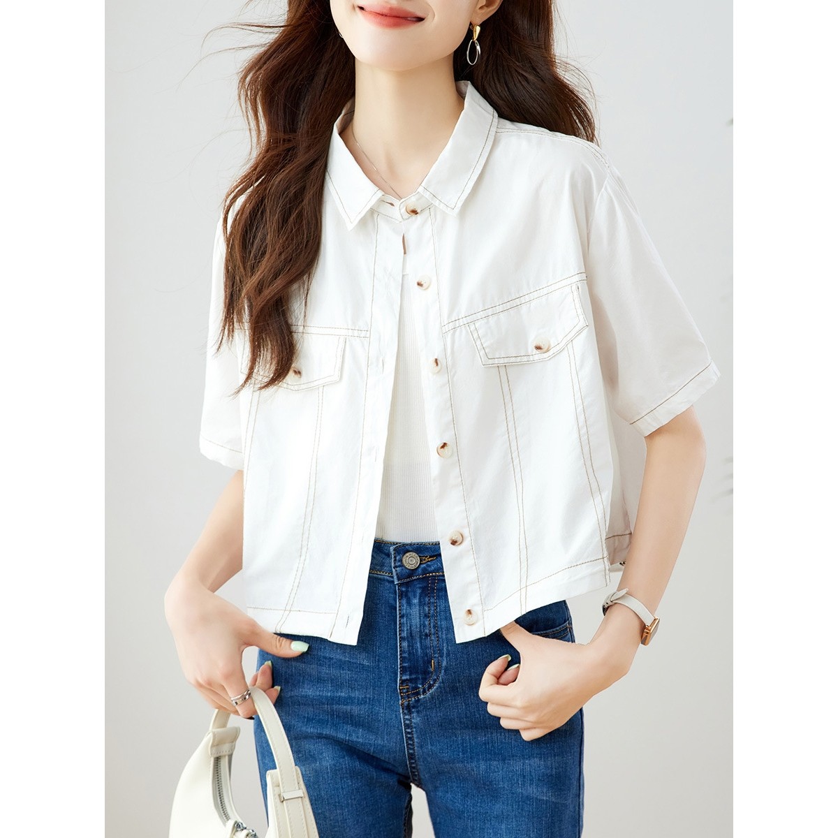 香港潮牌棉茧 短袖衬衫女2025夏季新款文艺复古上衣小个子设计感,女装/女士精品,常规大码外套,淘宝优惠券,粉丝福利购,淘宝优惠卷
