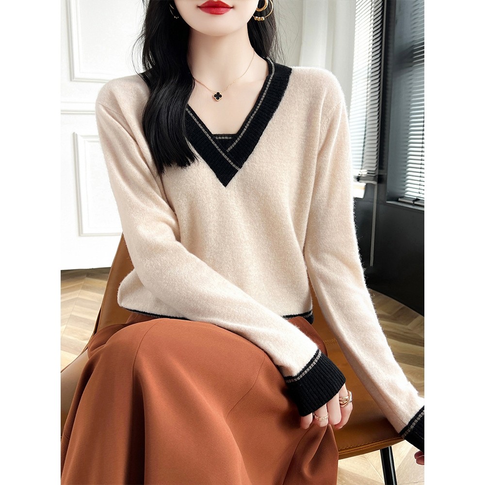 香港潮牌拼色V领毛衣女新款100纯羊毛宽松显瘦内搭短款毛衣长袖针,女装/女士精品,毛衣,淘宝优惠券,粉丝福利购,淘宝优惠卷