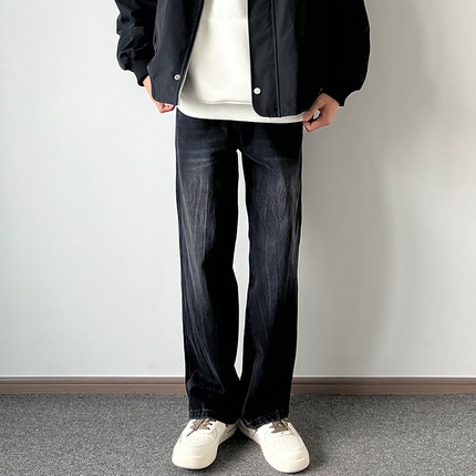 173的皮蛋复古水洗微喇牛仔裤男美式高街闪电纹宽松直筒裤子潮