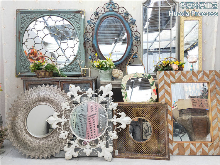 孤品大集合-复古家具别墅工程软装仿古做旧实木手绘铁艺浮雕镜