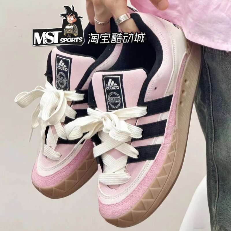 Adidas三叶草男女低帮粉白鲨鱼鞋