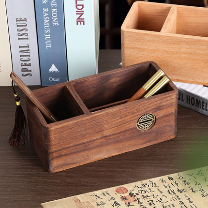 双格实木笔筒文房木质收纳盒学生画笔办公室桌面用品置物盒轻奢高级榉木多功能毕业纪念品国风礼物送老师礼品