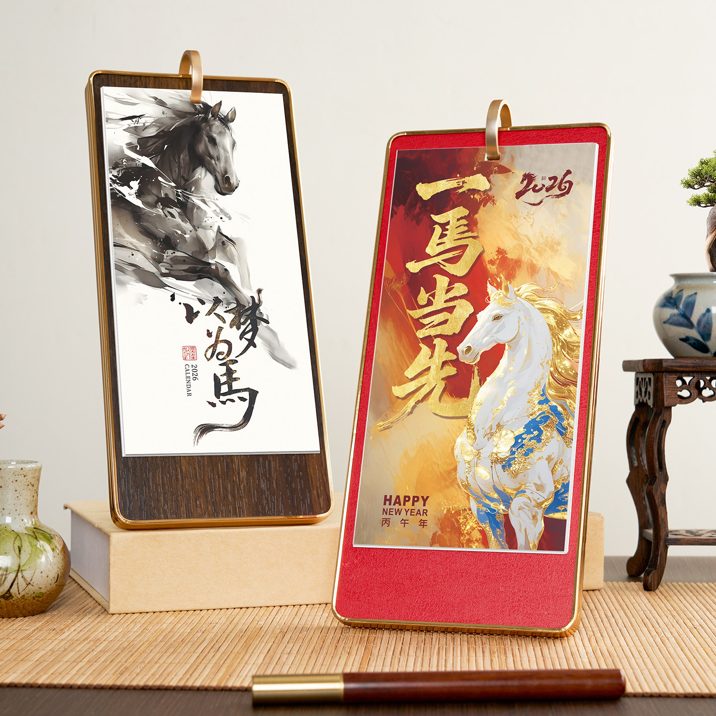 竖款台历2026马年木架日历定制图片