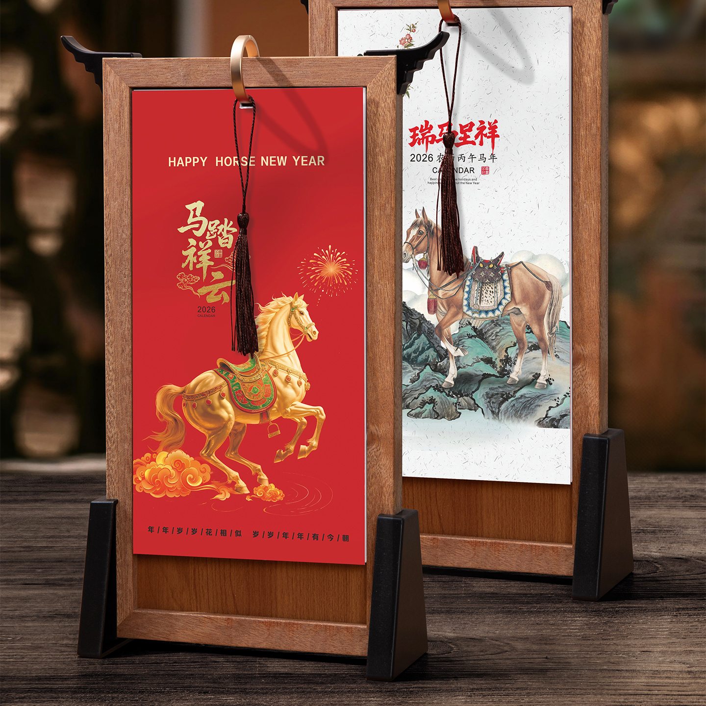 实木台历定制中国风流苏木质日历