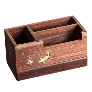 胡桃木笔筒创意多功能实木名片收纳盒带抽屉办公室会议桌面摆件高档笔桶复古中国风送老师文创礼品定制logo