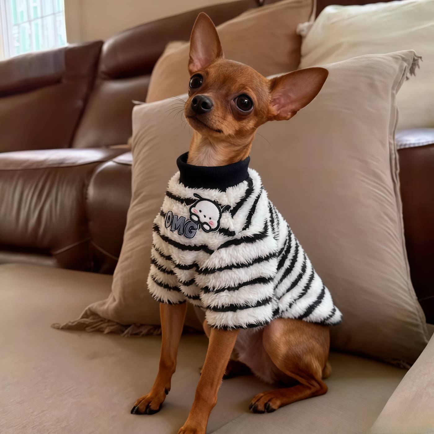 小鹿犬衣服秋冬加厚保暖毛绒条纹背心小型犬吉娃娃泰迪比熊两脚衣