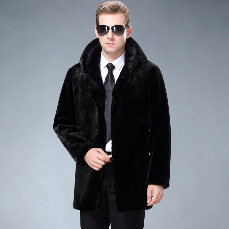恒源祥官方正品海宁皮毛大衣男士皮衣韩版修身中长款一体皮草外套
