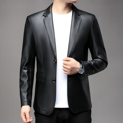 恒源祥官方正品2025春秋海宁新款男士皮衣休闲西装领皮夹克中年修