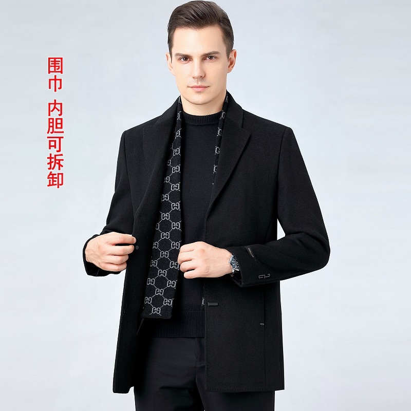 恒源祥官方正品冬装男士双面羊毛大衣中长款加厚鹅绒内胆羊毛呢子