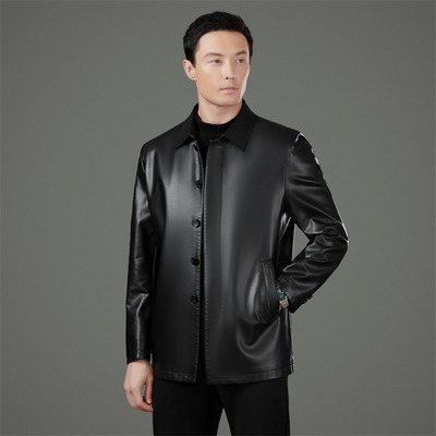 恒源祥官方正品海宁皮衣男装男士皮夹克中年休闲经典免烫商务休闲