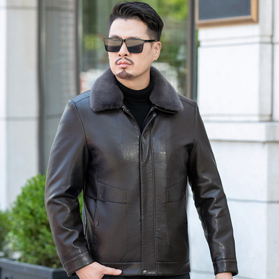 恒源祥官方正品海宁中老年皮衣男中年休闲加厚皮毛一体翻领加厚夹