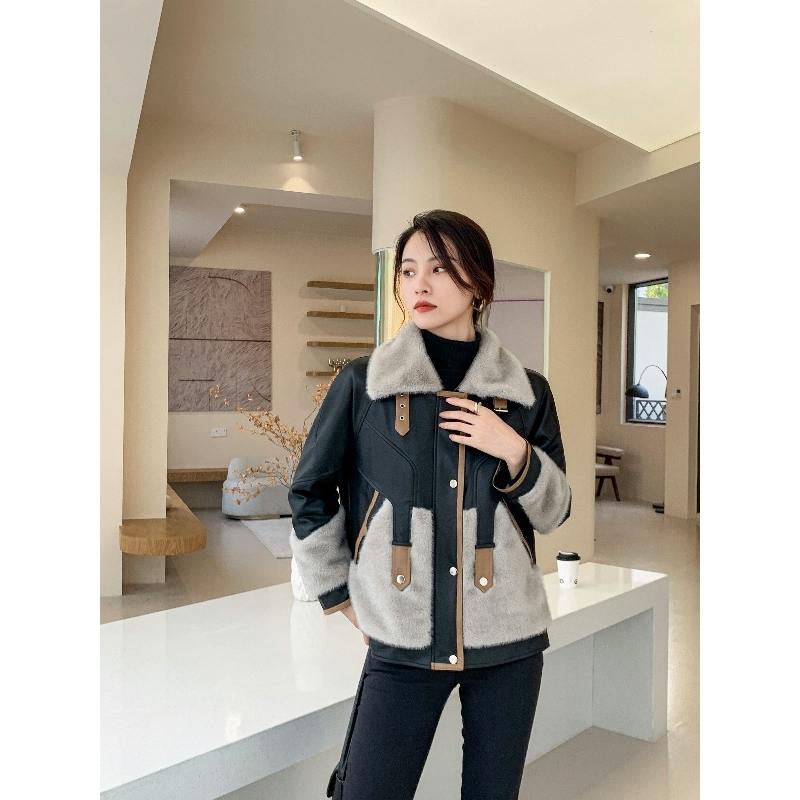 恒源祥官方正品冬季2024新款高端拼接时尚短款女皮衣外套加厚银蓝