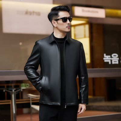 恒源祥官方正品海宁皮衣男款真皮翻领中年男士商务休闲皮羽绒服夹