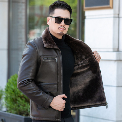 恒源祥官方正品冬装新款海宁加绒加厚翻领皮衣男士软皮毛一体外套