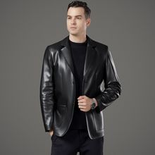 恒源祥官方正品春秋新款海宁真皮皮衣男士修身西装领中年休闲韩版