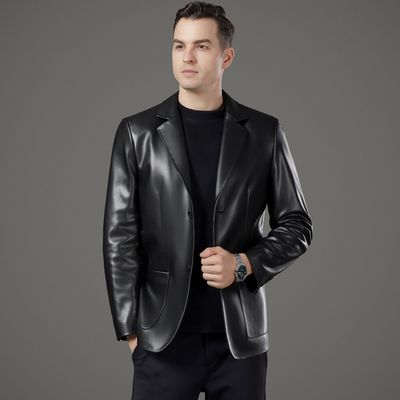 恒源祥官方正品春秋新款海宁真皮皮衣男士修身西装领中年休闲韩版