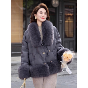 恒源祥贵妇高档鸭绒服外套中年女装阔太太显贵真狐狸毛领羽绒服外