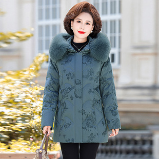 中年妈妈装 中老年羽绒服女中长款 白鸭绒狐狸毛 冬季 恒源祥官方正品