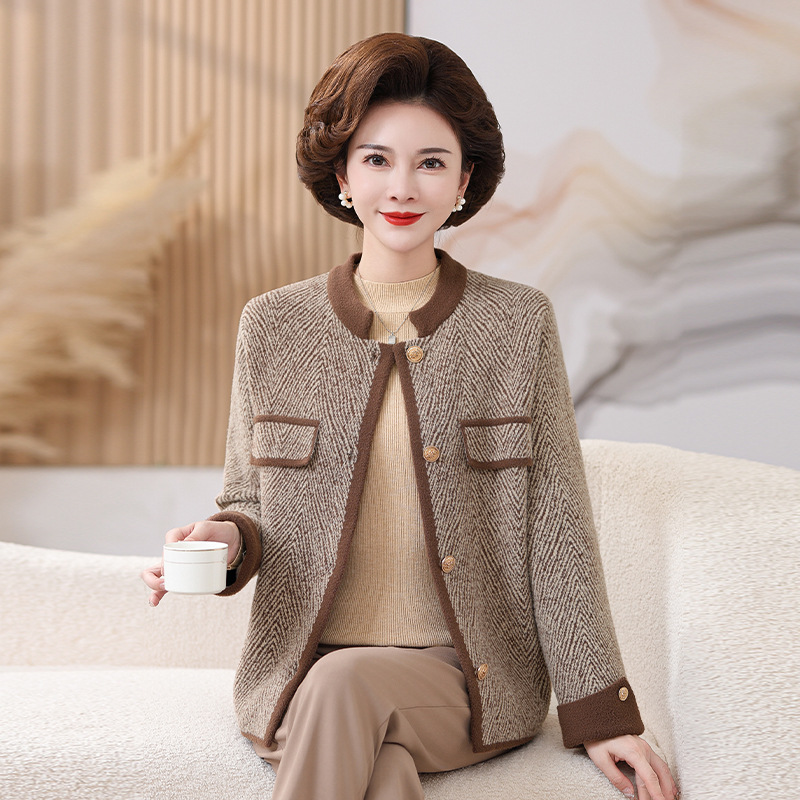 恒源祥官方正品2024妈妈装秋冬新款上衣外套50岁针织毛衣开衫中老