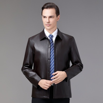 恒源祥官方正品海宁皮衣男式加绒加厚立领冬季保暧中年装机车皮夹