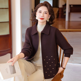 夹克翻领上衣2025新款 针织开衫 洋气 中年妈妈秋冬装 恒源祥官方正品