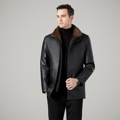 恒源祥官方正品海宁男士皮衣中年男士加绒加厚冬装外套可脱卸内胆