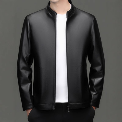 恒源祥官方正品海宁皮衣男士2025年春季新款立领加绒中年爸爸装皮