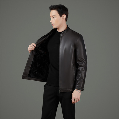 恒源祥官方正品2025海宁皮衣男士秋季立领爸爸装皮夹克中年加绒保