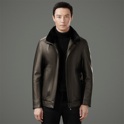 恒源祥官方正品海宁皮衣男秋冬季新款带毛领羽绒内胆男士皮夹克休