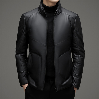 恒源祥官方正品冬季海宁真皮皮衣男中年休闲立领皮羽绒服皮夹克外