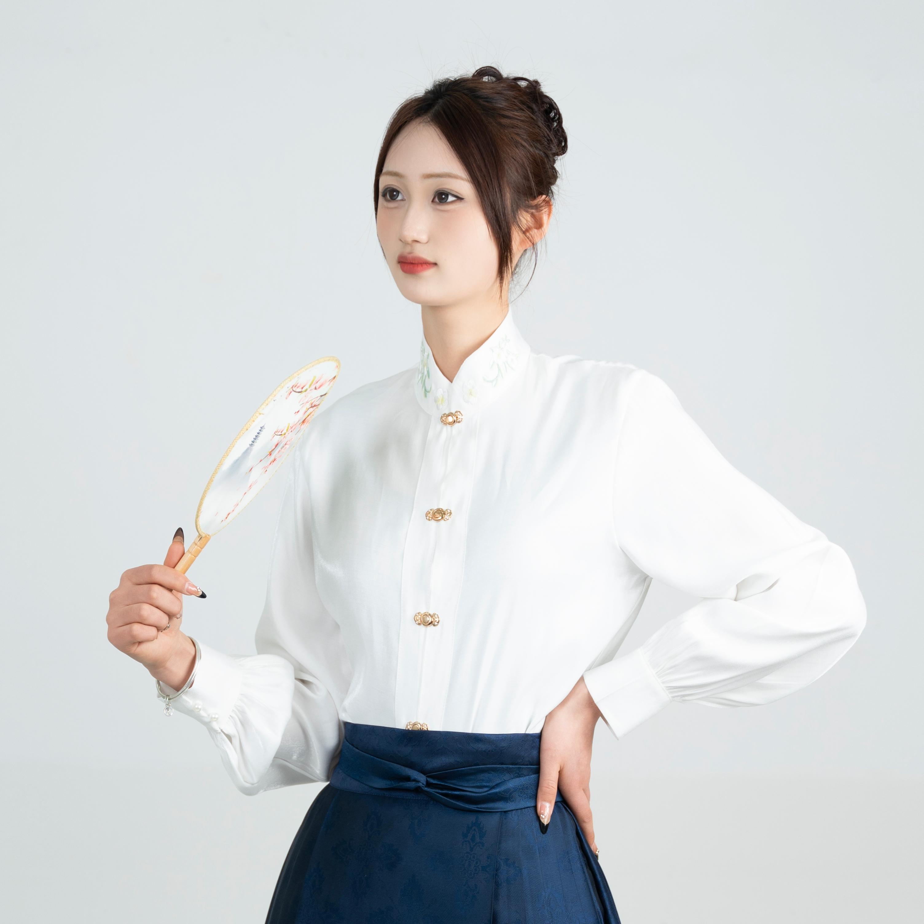 梨花落-马面裙上衣女长袖立领飞机袖汉服衬衫国风女装新中式衬衣