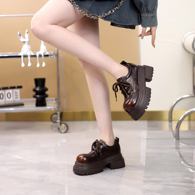 欧货真皮厚底小皮鞋女英伦风圆头系带加绒德比鞋小个子增高乐福鞋