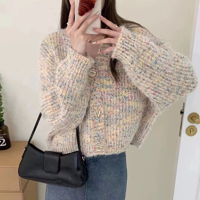 Retro color dot short loose knitted cardigan sweater jacket