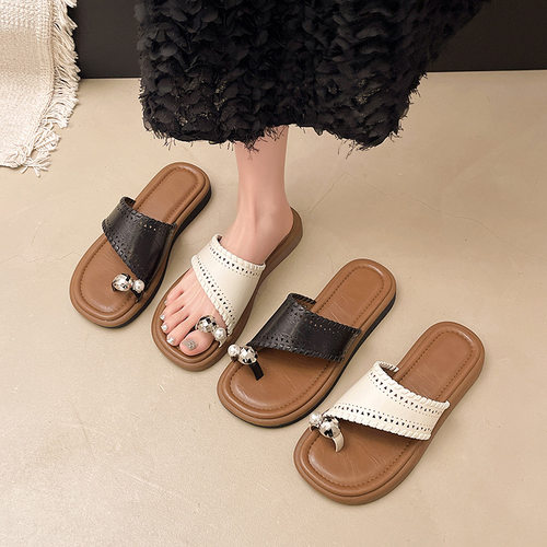 Retro woven toe flip flops for women's summer flat slippers