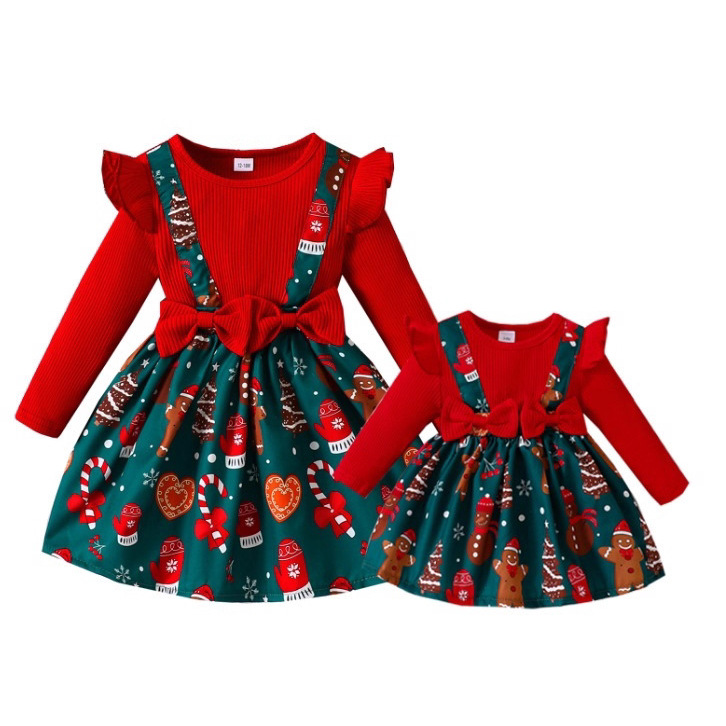 New Children's Christmas Dress Girls' Long Sleeve Knot skirt