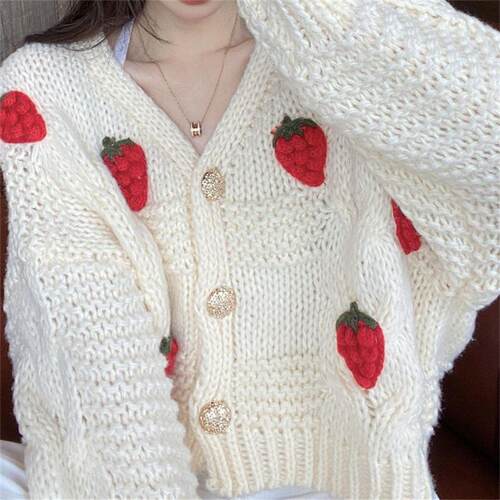Girl's retro strawberry sweater loose V-neck knitted top