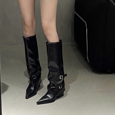 Belt buckle boots, thick heel boots, long boots, women's