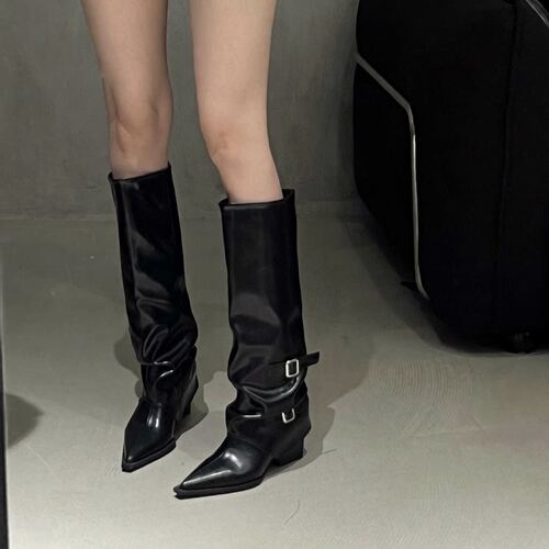 Belt buckle boots, thick heel boots, long boots, women's