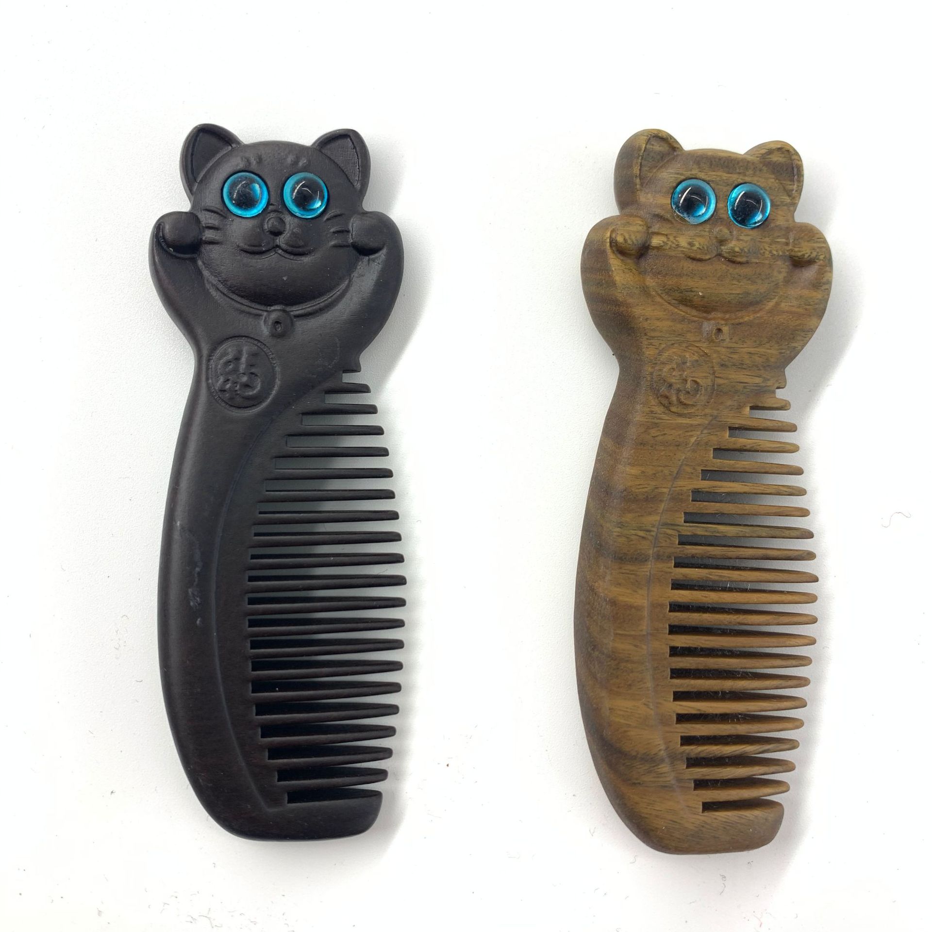 日本品质绿檀木小猫梳沉贵宝蓝眼呆萌包包梳小巧便携口袋梳檀香木
